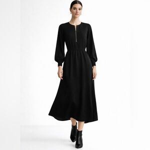 Mango MNG Black Tencel Midi Dress Zip Front Long Sleeve NWT Size US 2
